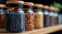 Glass jars filled with various legumes, spices and grains on wooden shelf. Black lentils and chickpeas in focus, other ingredients blurred in background. Food storage concept.