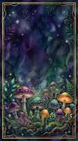 Enchanted forest floor with glowing mushrooms, celestial night sky, crescent moons, stars, and botanical foliage framed in ornate gold border. Fantasy woodland scene for mystical designs.