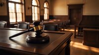Wooden gavel on judge's bench in empty courtroom with warm sunlight streaming through arched windows, symbolizing justice and legal proceedings.