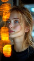 Young blonde woman with blue eyes and freckles in artistic portrait with orange bokeh lights creating dreamy atmosphere. Natural beauty makeup and messy hair styling.