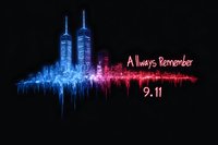 Neon style soundwave skyline showing twin towers in blue light with red text remembering September 11 against black background. Memorial art concept.
