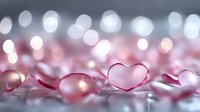 Pink heart-shaped ribbon curls with soft bokeh lights creating romantic atmosphere. Delicate satin material catches light in dreamy Valentine's Day composition.