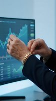 Mature male professional wearing business suit and gold bracelet gestures toward stock market chart on digital display, representing financial analysis, investment strategy, and trading success.