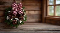 Christmas wreath with red checkered bow, pine cones, and white berries on rustic wooden wall with window, cozy holiday interior.