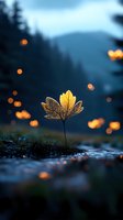 Glowing autumn leaf backlit at dusk with bokeh lights creating magical atmosphere. Moody nature photography with shallow depth of field and water reflections.