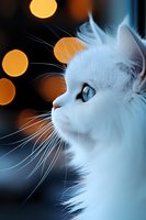 White cat with striking blue eyes in profile against blurred warm bokeh lights background, soft focus portrait highlighting whiskers and fluffy fur.