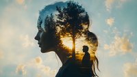 Double exposure silhouette of young woman with sunset landscape and lone figure merged into profile, dramatic sky and tree creating dreamy atmosphere.