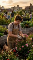 Young male gardener tending pink flowers in urban rooftop garden with city skyline backdrop. Community farming and sustainable agriculture concept for environmental education and green living.
