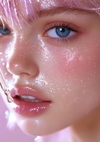 Close-up of glowing skin with dewy effect and blue eye in pink lighting, showing moisturized complexion with water droplets and glossy makeup look.