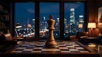 Chess piece on board with city skyline view through windows at night, suitable for strategy, business, leadership, and corporate concepts.