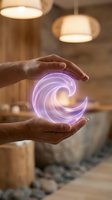 Hands protecting glowing purple energy spiral in modern interior space representing innovation, technology advancement and creative power concepts.