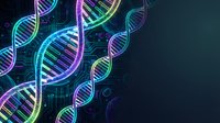 Colorful DNA double helix strands with glowing neon effects on dark background for genetic research, biotechnology and molecular science concepts.