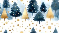 Watercolor winter forest pattern with navy blue and golden Christmas trees, decorated with white and gold dots on white background. Seamless holiday design.