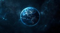 Glowing blue planet Earth viewed from space showing North and South America continents amid dark starry cosmos background with nebula effects.