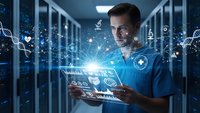 Young Caucasian male IT professional using tablet with holographic interface in modern server room with glowing digital network connections and data visualization.