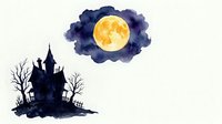 Haunted mansion silhouette with full moon and dark clouds on isolated background, suitable for Halloween designs, t-shirts, and clipart applications.