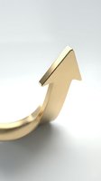 Golden upward arrow symbol with curved tail on white background, representing growth, success, progress and financial increase for business concepts.
