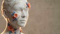 White ceramic female bust with golden kintsugi cracks and colorful floral accents, symbolizing resilience, healing, and inner strength.