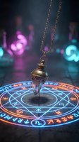 Mystical crystal pendulum suspended over glowing zodiac circle with astrological symbols for divination and spiritual guidance practices.