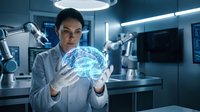 Female doctor examining holographic brain model in modern medical laboratory with advanced technology equipment.