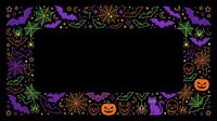 Colorful Halloween border frame with purple bats, spiders, skulls, jack-o-lanterns and ornate flourishes on black background. Isolated design element for seasonal graphics and festive projects.