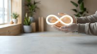 Hands holding glowing infinity symbol representing endless possibilities, sustainability, and continuous growth in modern workspace with plants and natural light.