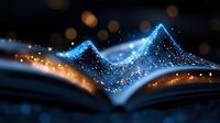 Magical open book with glowing blue and golden light particles rising from pages creating mystical atmosphere for fantasy storytelling concepts.