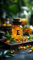 Vitamin E supplement capsules in glass bottle with cork stopper on wooden surface surrounded by fresh green leaves for natural health and wellness.