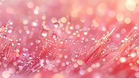 Pink feather macro with sparkling water droplets and bokeh light effects creating dreamy soft focus background for romantic designs and wellness concepts.