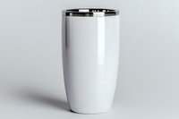 White stainless steel tumbler with black lid isolated on light background, modern minimalist travel mug for mockup and branding designs.
