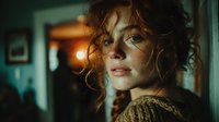 Young redhead woman with curly hair and freckles in warm indoor lighting. Cozy home atmosphere with soft bokeh background for lifestyle content.