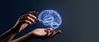 Human hands holding glowing blue brain hologram against dark background, representing artificial intelligence, neuroscience, and digital innovation for technology concepts.