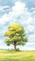 Solitary green tree standing in yellow meadow against dramatic cloudy sky, watercolor style landscape for nature themes.