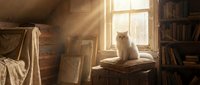 Fluffy white cat sitting on wooden box by sunlit window in rustic attic room with books, vintage decor and warm golden light rays.