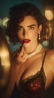 Woman with curly hair applying red lipstick, wearing pearl necklace and lace lingerie in warm atmospheric lighting with bokeh background.