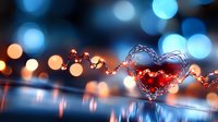 Romantic heart-shaped wire decoration with red crystal center against blurred bokeh lights background, creating magical Valentine's Day atmosphere with reflections.