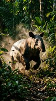 Powerful tapir walking through dense tropical rainforest with lush green vegetation and dappled sunlight filtering through canopy creating natural wildlife habitat.