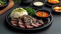 Grilled Korean-style beef bulgogi served with steamed rice, garnished with green onions and sesame seeds, accompanied by traditional spicy sauce on black plate.