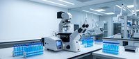 Modern laboratory interior with advanced microscope and blue sample containers for scientific research and medical testing applications.