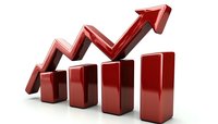 Red ascending arrow chart showing upward trend with glossy blocks forming stair-step base, representing growth and success in business analytics.
