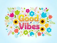 Good Vibes text surrounded by colorful flowers, leaves and decorative elements on light background for positive motivation and wellness designs.