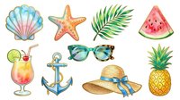 Tropical summer vacation elements isolated on white background, including seashell, starfish, palm leaf, watermelon, cocktail, anchor, sunglasses, straw hat and pineapple for design projects.