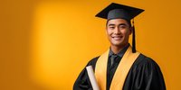Confident Asian male graduate in black cap and gown with gold stole holding diploma against vibrant yellow background, celebrating academic achievement.