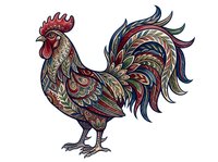 Ornate rooster with intricate patterned plumage in red, gold, and navy blue tones, isolated on white background for design projects.