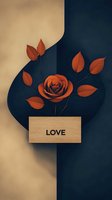 Orange rose with autumn leaves against dual-toned navy blue and beige background, wooden plaque with love text creates minimalist romantic composition.
