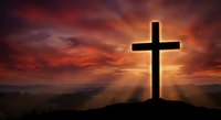 Christian cross silhouette against dramatic sunset sky with golden light rays. Religious symbol for Easter, faith, hope, spirituality and worship concepts.