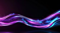 Glowing neon waves with pink and blue light trails on black background, sparkling particles create dynamic flowing motion effect for abstract designs.