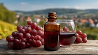 Red grape extract in amber bottle with wine glass and fresh grapes on wooden table against vineyard landscape background.