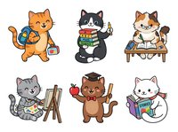 Cartoon cats engaged in various activities including painting, reading, studying and creative pursuits. Isolated characters on transparent background, ready for design use on merchandise, apparel and educational materials.