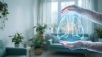 Hands protecting glowing lungs hologram in modern room with plants. Healthcare, respiratory system protection, medical technology concept for wellness campaigns.